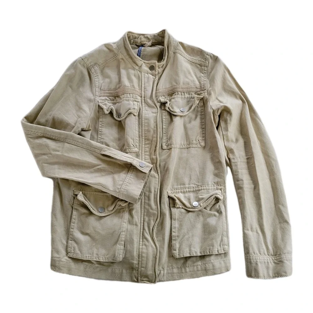 Womens Free People Seize The Day Button Zip-up Khaki Military Jacket Army M Boho - Picture 2 of 11